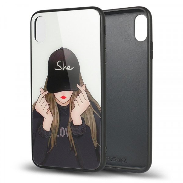 Wholesale iPhone Xs Max Design Tempered Glass Hybrid Case (She Girl)